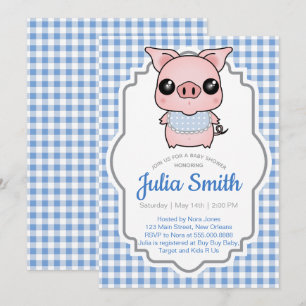 Invitation au Baby shower Blue En vichy Piggy
