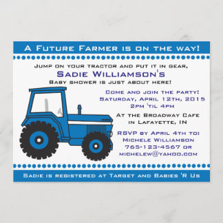 Invitation au Baby shower Blue Tractor