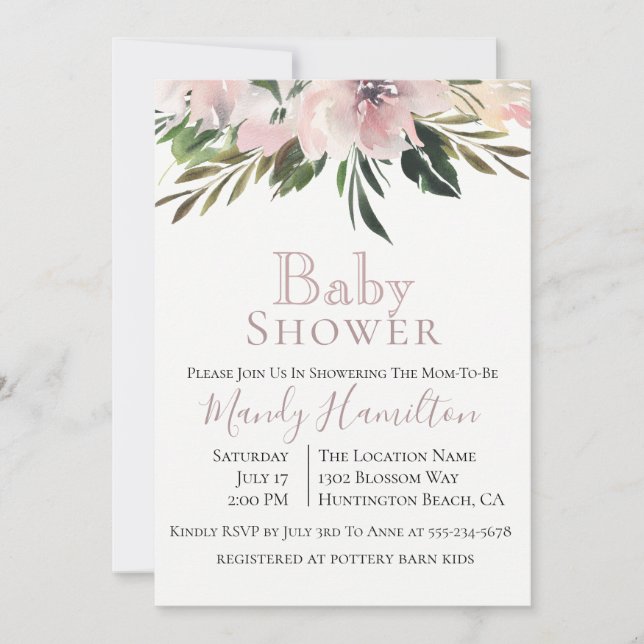 Invitation au Baby shower botanique Dusty Mauve (Devant)