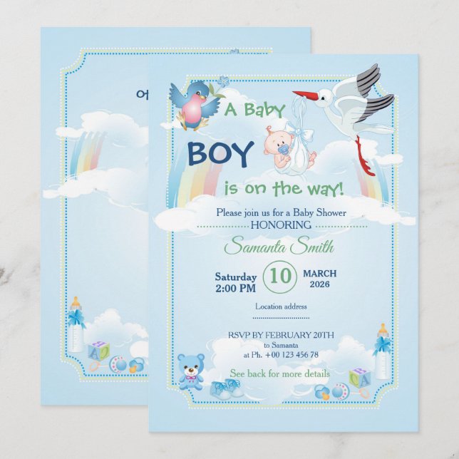 invitation au baby shower, c'est un garçon (Devant / Derrière)