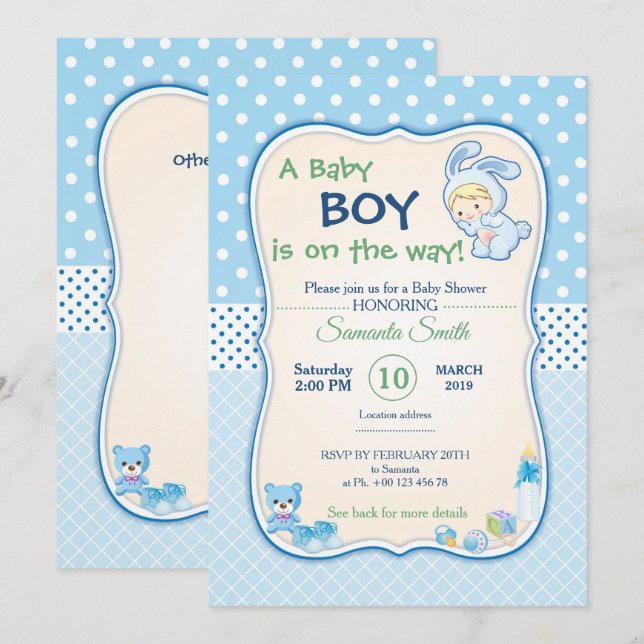 invitation au baby shower, c'est un garçon (Devant / Derrière)