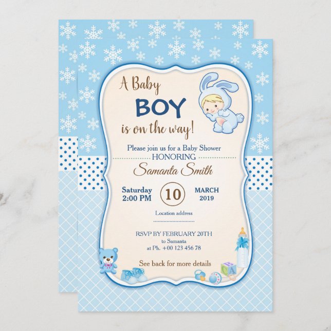 invitation au baby shower, c'est un garçon (Devant / Derrière)