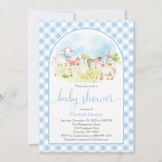 Invitation au Baby shower d'animaux de ferme (Devant)