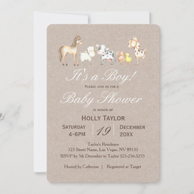 Invitation au Baby shower d'animaux de ferme (Devant)