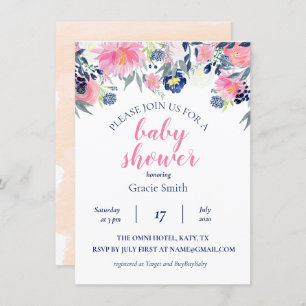 Invitation au Baby shower d'aquarelle Blush et Nav
