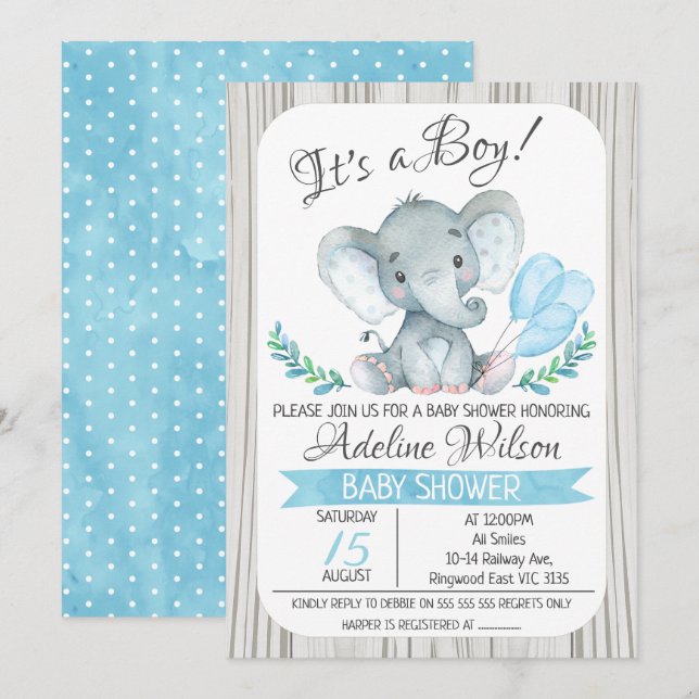 Invitation au Baby shower d'aquarelle d'éléphant B (Devant / Derrière)