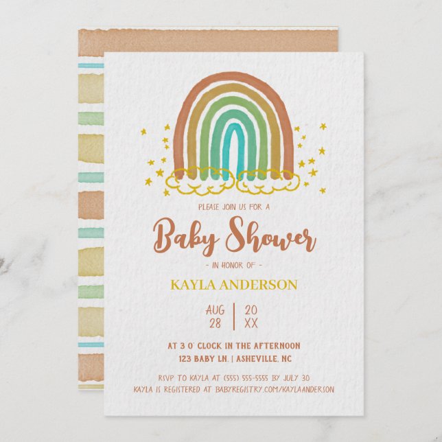 Invitation au Baby shower d'aquarelle Rainbow Boho (Devant / Derrière)