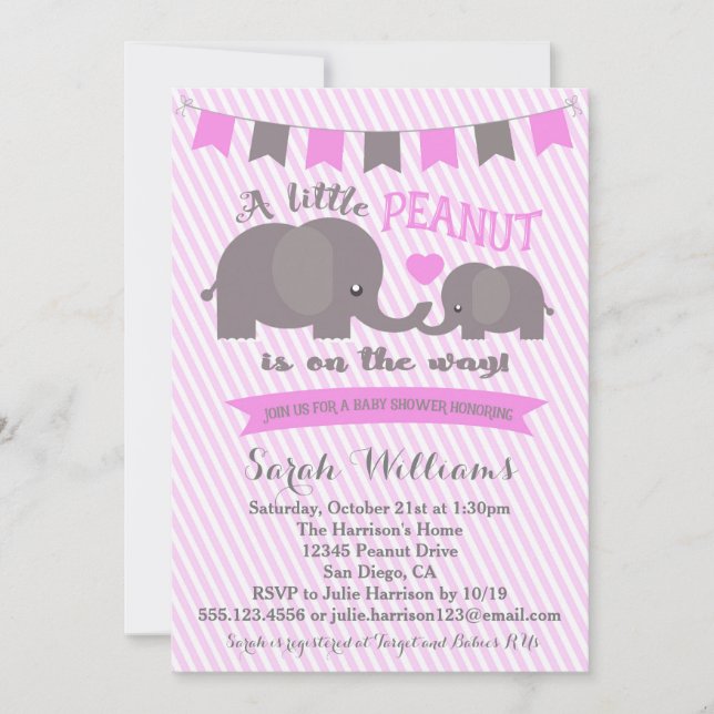Invitation au Baby shower d'arachide rose Eléphant (Devant)