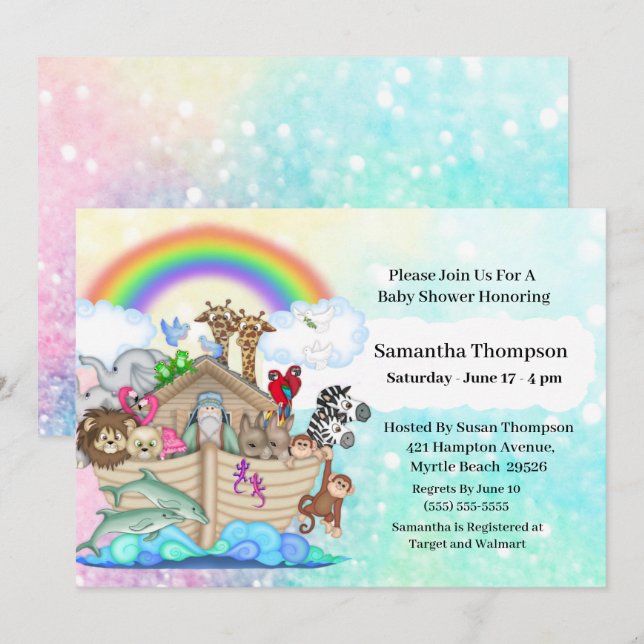 Invitation au Baby shower d'arche de Blue Noah (Devant / Derrière)