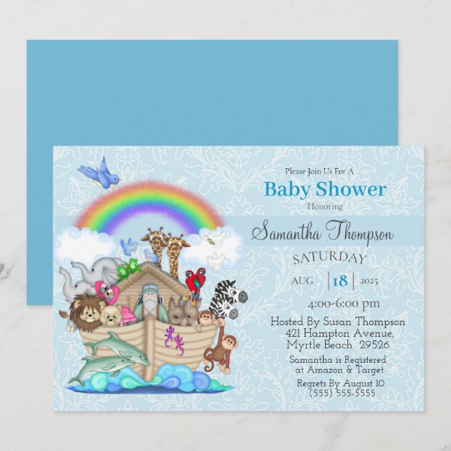 Invitation au Baby shower d'arche de Blue Noah (Devant / Derrière)