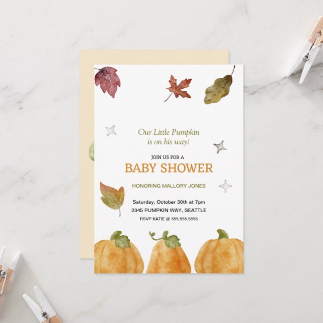 Invitation au Baby shower d'automne Citrouille (Devant/Arrière en situation)