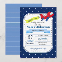 Invitation au Baby shower d'avion Rouge et Navy Bl