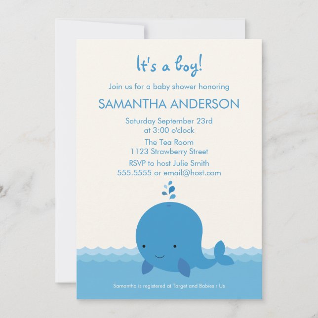 Invitation au Baby shower de baleine moderne - Gar (Devant)