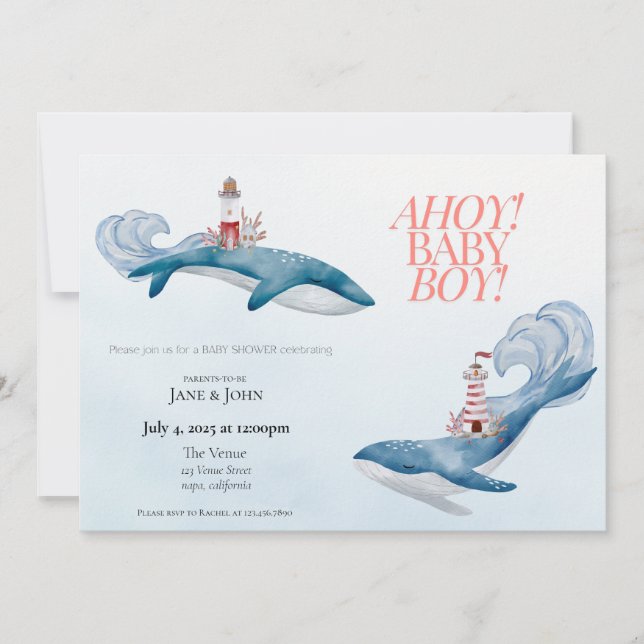 Invitation au Baby shower de baleines nautiques (Devant)