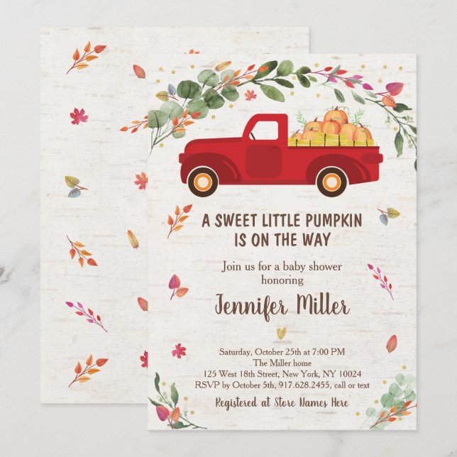 Invitation au Baby shower de camion Citrouille d'a (Devant / Derrière)