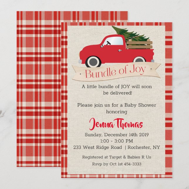 Invitation au Baby shower de camion rouge (Devant / Derrière)