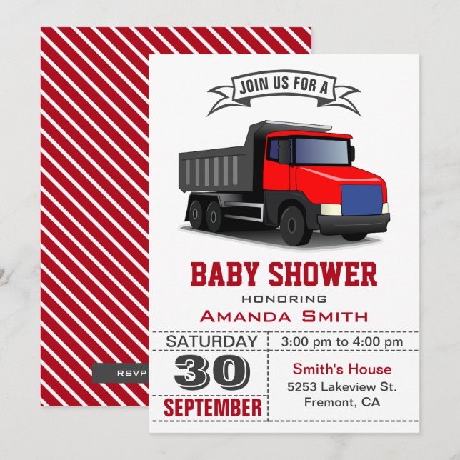Invitation au Baby shower de camion rouge (Devant / Derrière)