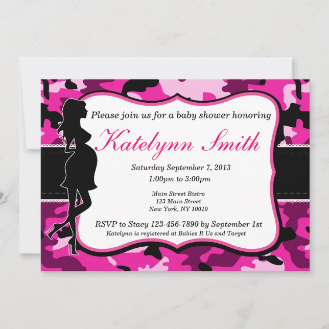 Invitation au Baby shower de camouflage rose fille (Devant)