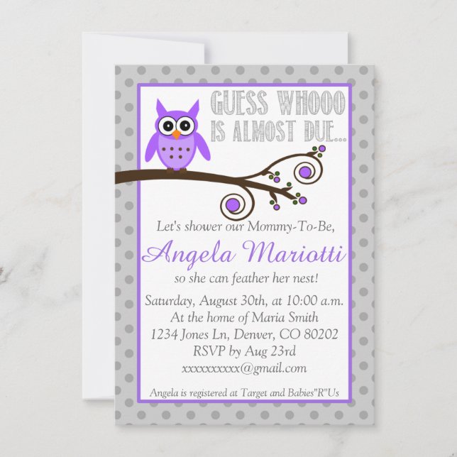 Invitation au Baby shower de Chouette pourpre (Devant)