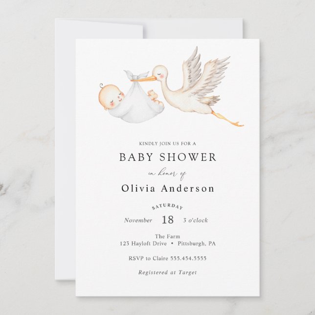 Invitation au Baby shower de cigogne (Devant)