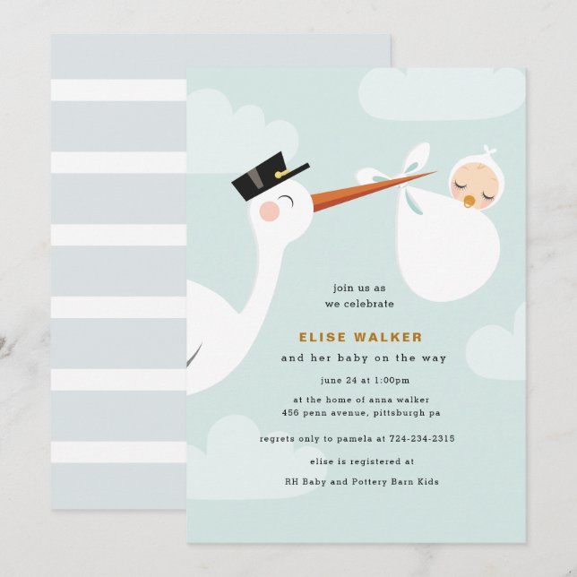 Invitation au Baby shower de cigogne avec nuages (Devant / Derrière)
