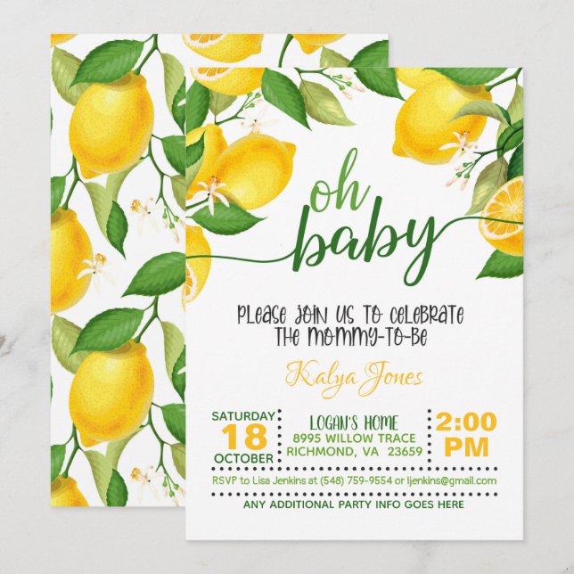 Invitation au Baby shower de citron - Oh bébé (Devant / Derrière)