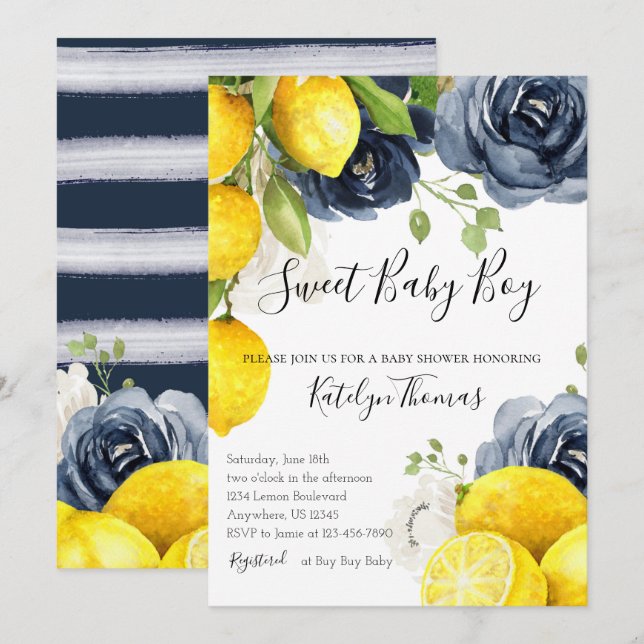 Invitation au Baby shower de citron pour bébé garç (Devant / Derrière)