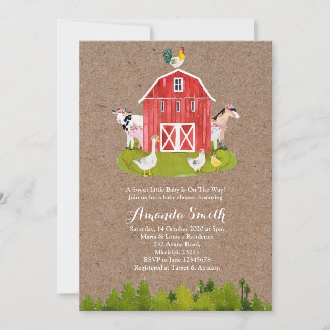 Invitation au Baby shower de ferme animale (Devant)