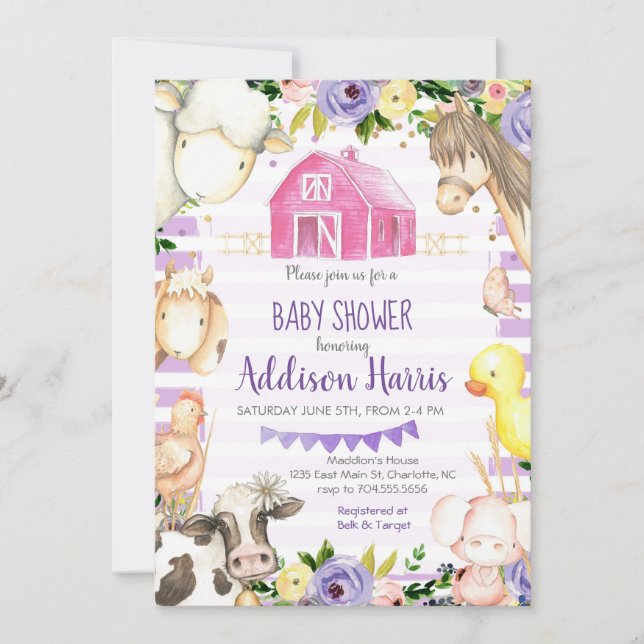 Invitation au Baby shower de ferme pour filles (Devant)