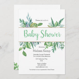 Invitation au Baby shower de feuillage vert et or