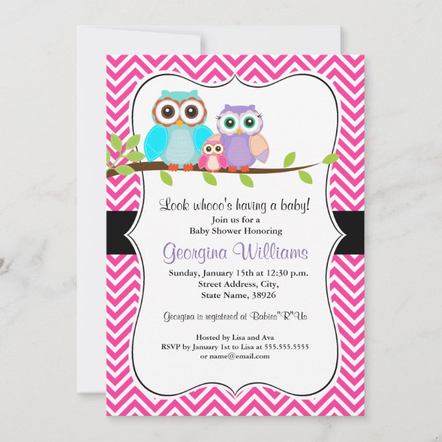 Invitation au Baby shower de fille de la chouette. (Devant)