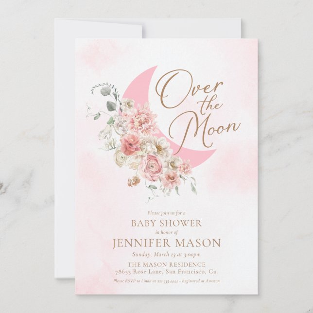 Invitation au Baby shower de fille rose sur la lun (Devant)