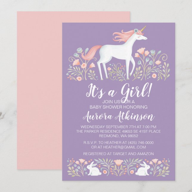 Invitation au Baby shower de fille Unicorn (Devant / Derrière)