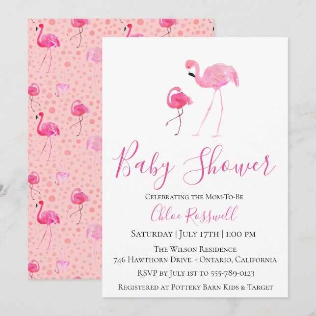 Invitation au Baby shower de Flamant rose rose (Devant / Derrière)