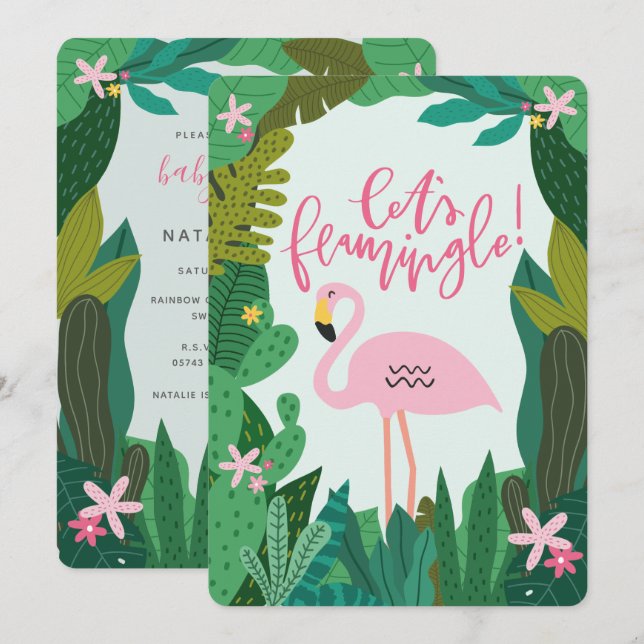 INVITATION AU BABY SHOWER DE FLAMANT ROSE TROPICAL (Devant / Derrière)