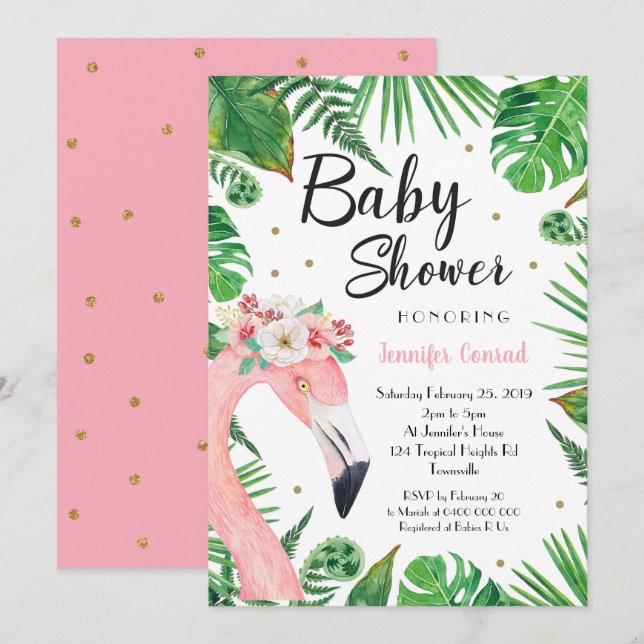 Invitation au Baby shower de Flamant rose tropical (Devant / Derrière)