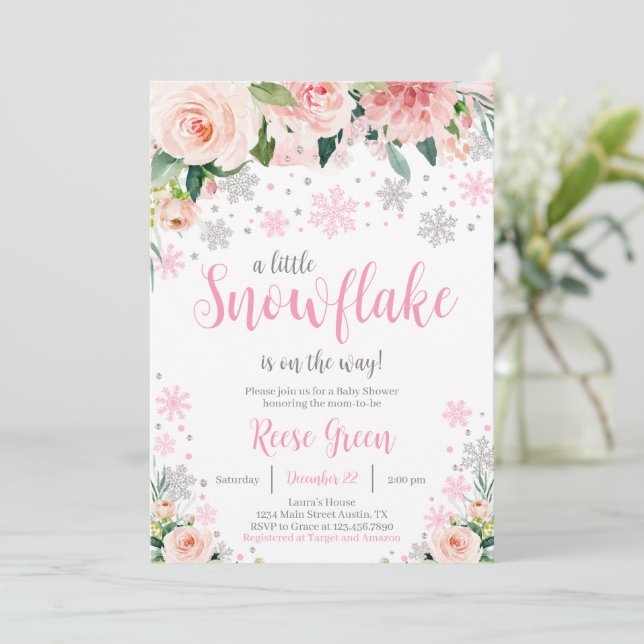 Invitation au Baby shower de flocon de neige flora (Debout devant)
