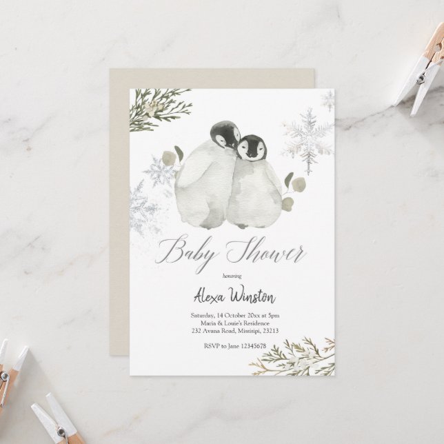 Invitation au Baby shower de flocons de neige de P (Devant/Arrière en situation)