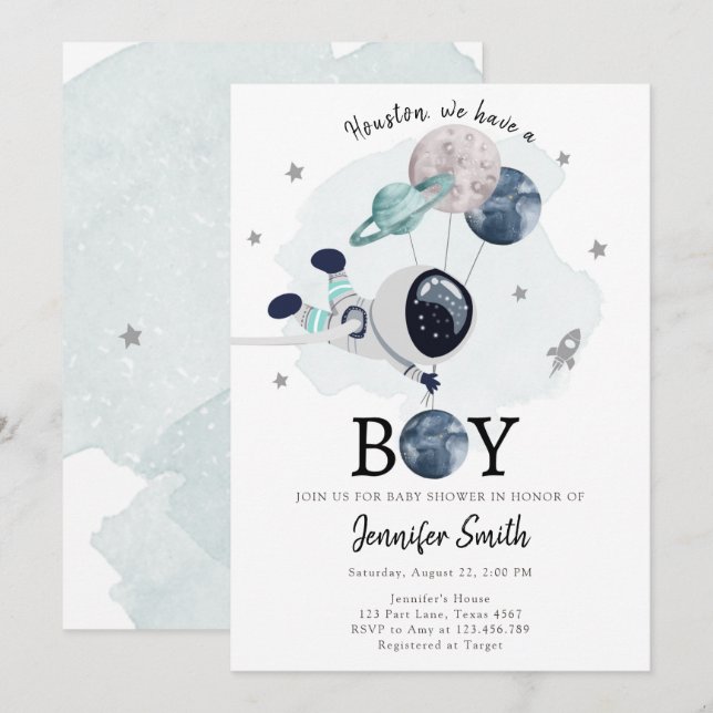 Invitation au Baby shower de garçon de l'astronaut (Devant / Derrière)