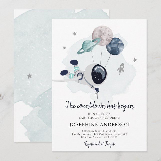 Invitation au Baby shower de garçon de l'astronaut (Devant / Derrière)
