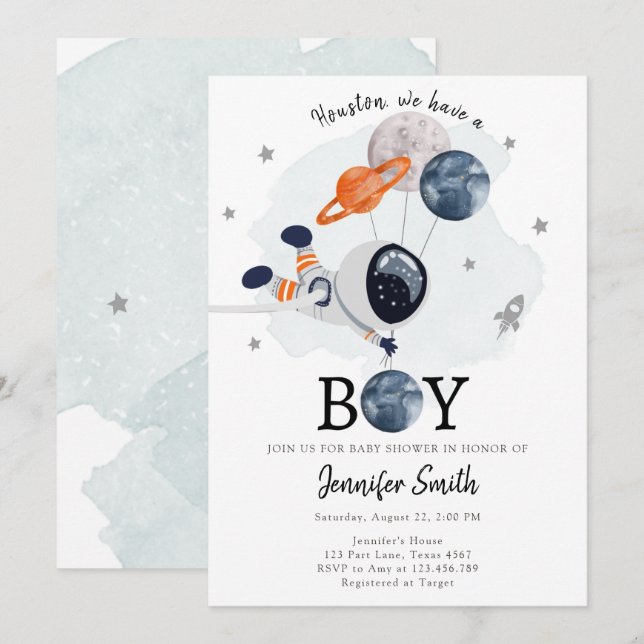 Invitation au Baby shower de garçon de l'astronaut (Devant / Derrière)