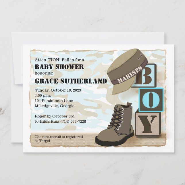 Invitation au Baby shower de garçon militaire (Devant)