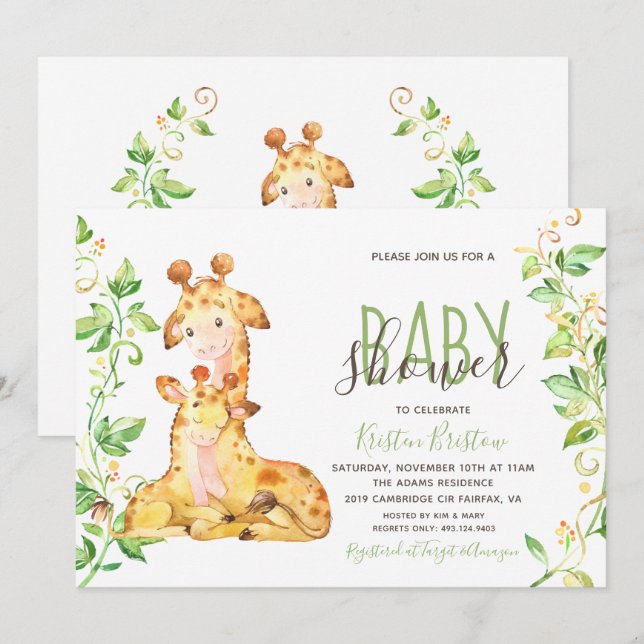 Invitation au Baby shower de Girafe Animaux (Devant / Derrière)