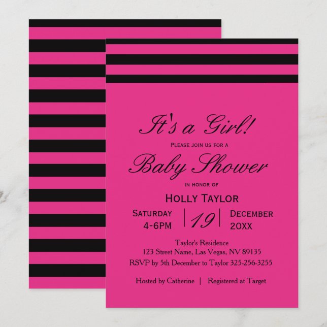 Invitation au Baby shower de  Hot Pink & Black Str (Devant / Derrière)