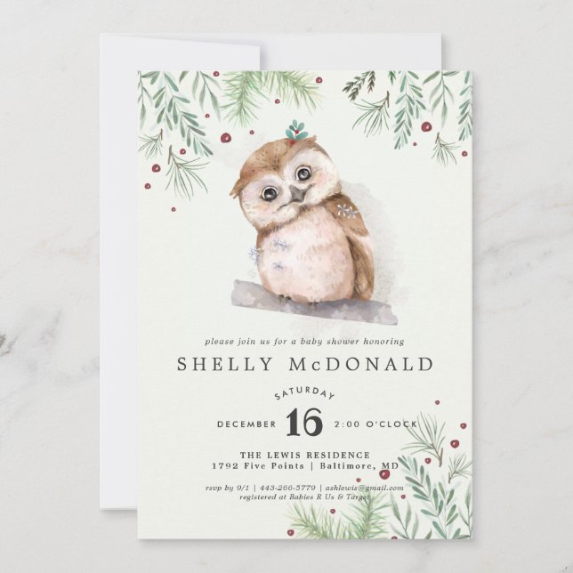Invitation au Baby shower de la Chouette d'hiver (Devant)