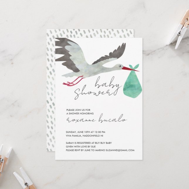 Invitation au Baby shower de la cigogne verte (Devant/Arrière en situation)