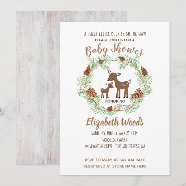 Invitation au Baby shower de la forêt de pins de D (Devant / Derrière)