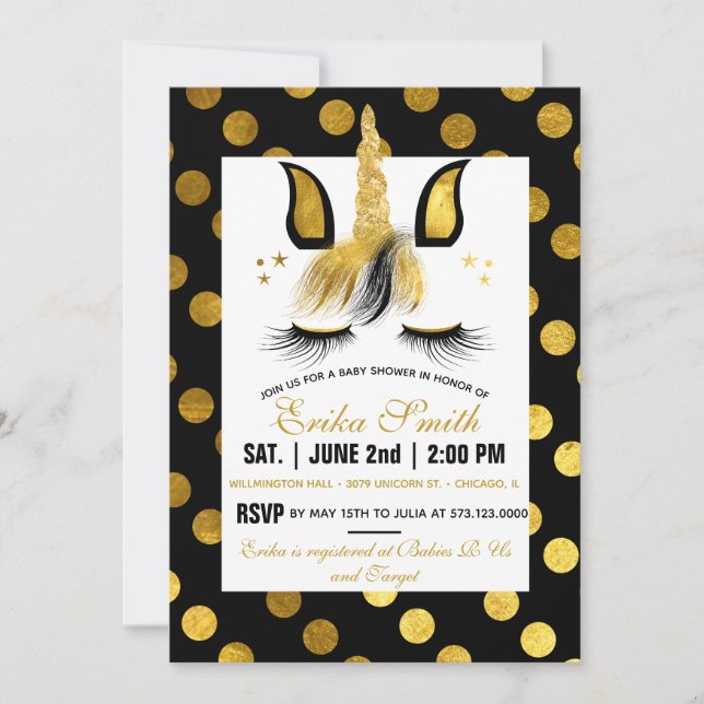 Invitation au Baby shower de la licorne d'or et de (Devant)