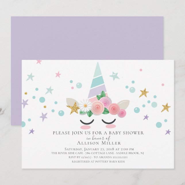Invitation au Baby shower de la licorne magique (Devant / Derrière)