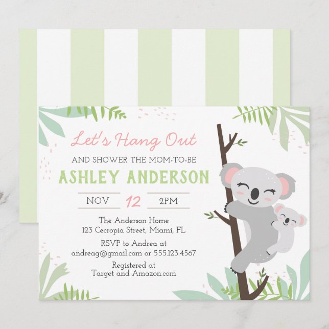 Invitation au Baby shower de la petite fille Koala (Devant / Derrière)